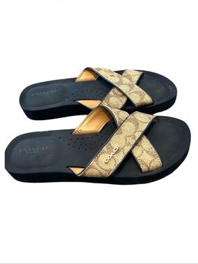 COACH Janine Criss Cross Slide Sandals Khaki Logo Women Size 7